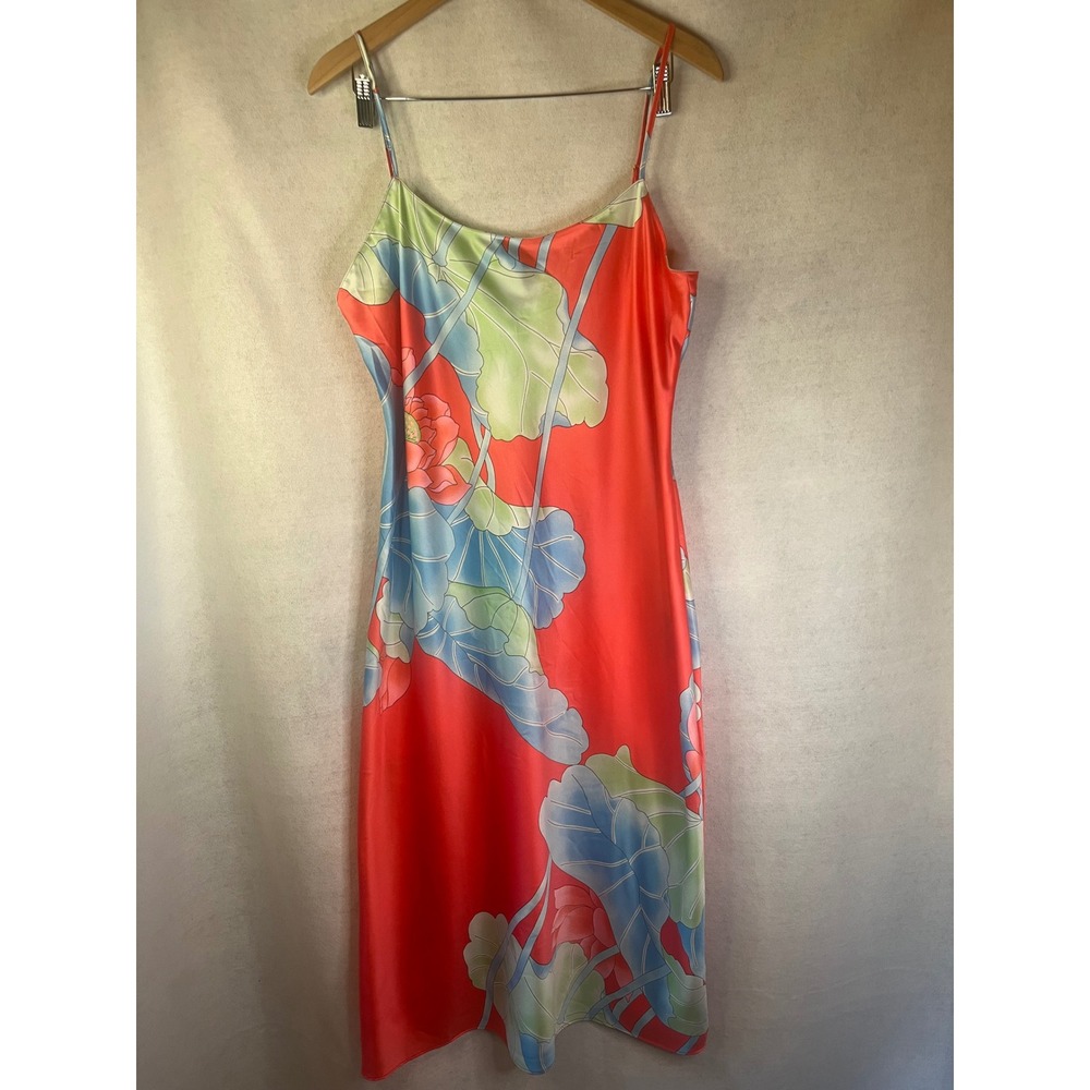 Natori Nightgown Chemise Floral Print Satin Ankle Length Sz L Slip Dress Coral - Picture 2 of 5